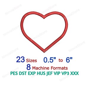 May include: A red heart outline embroidery design. Text below reads: 23 Sizes 0.5" to 6", 8 Machine Formats, and PES DST EXP HUS JEF VIP VP3 XXX. The design is presented as a digital file for embroidery machines, featuring a clean, bold red heart shape.