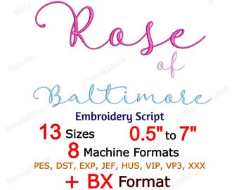 Ricamo con scritta Rose of Baltimore, font corsivo PES BX, disegno per ricamo a macchina con alfabeto monogramma, lettere calligrafiche