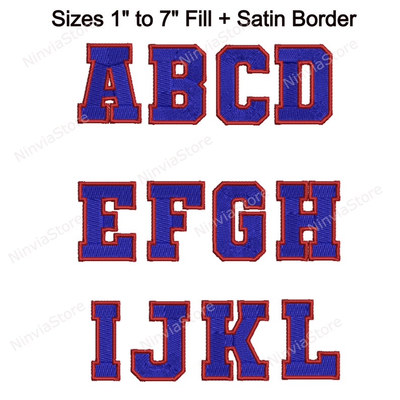 Op de afbeelding: Een set hoofdletters van A tot en met L in een blauwe vulling met een rode satijnen rand. De letters zijn verkrijgbaar in de maten 1 inch tot 7 inch.