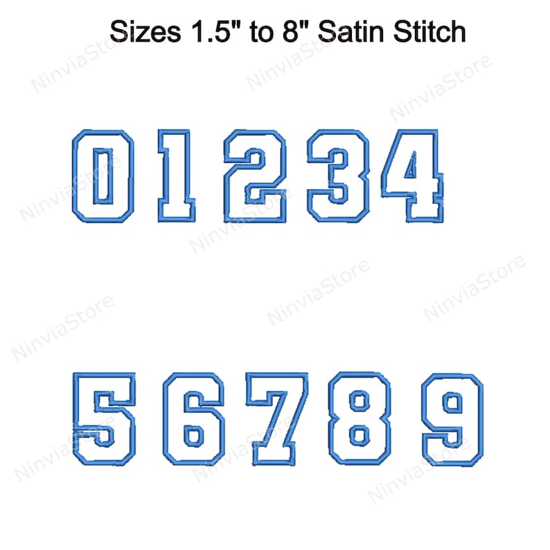 K&ouml;nnte beinhalten: Ein Satz wei&szlig;er Zahlen mit blauer Umrandung von 0 bis 9 in einer College-Schriftart. Die Zahlen sind 1,5 Zoll bis 8 Zoll gro&szlig; und f&uuml;r Satinstich-Stickerei bestimmt.