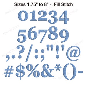 May include: Blue embroidery font with numbers 0-9, punctuation marks, and symbols. The font is available in sizes from 1.75 inches to 8 inches.