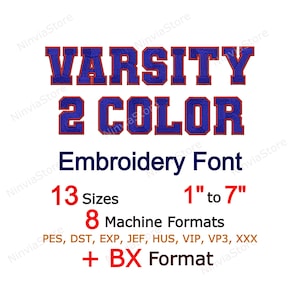 Varsity-borduurlettertype in 2 kleuren, BX-lettertype, alfabet machineborduurontwerp, pe-lettertype voor borduurwerk, omtrekrand College-lettertype PES DST afbeelding 1
