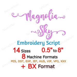 Carattere da ricamo Magnolia Sky Script - Lettere monogramma corsive - Disegno per ricamo a macchina con alfabeto calligrafico BX PES