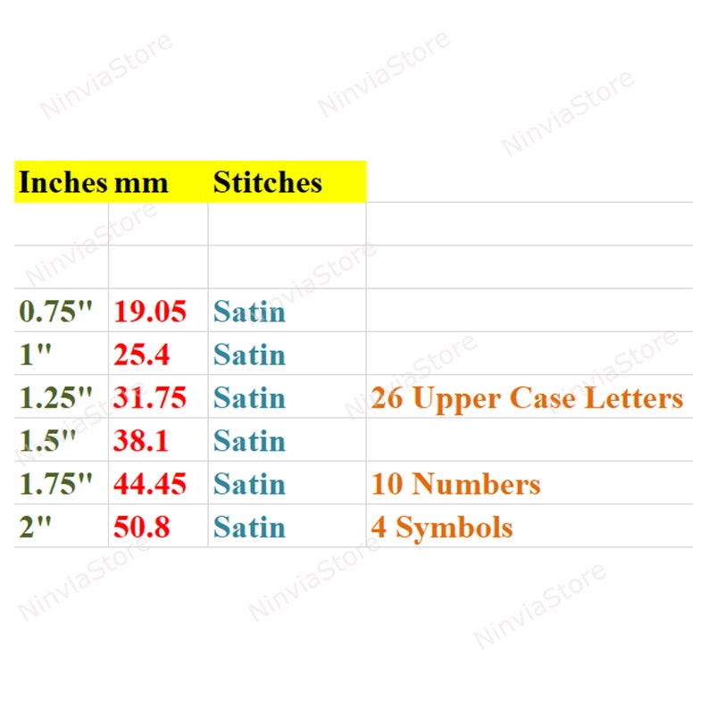 May include: A chart showing the number of stitches needed for different sizes of embroidery. The chart includes measurements in inches and millimetres, and the stitch type is satin. The chart also lists the number of upper case letters, numbers, and symbols that can be embroidered.