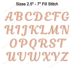 May include: A set of uppercase letters A through Z in a cursive font, embroidered in a light brown colour. The letters are sized for embroidery projects from 2.5 to 7 inches.