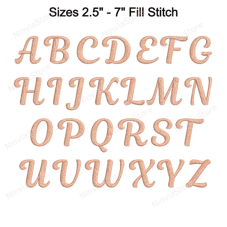 May include: A set of uppercase letters A through Z in a cursive font, embroidered in a light brown colour. The letters are sized for embroidery projects from 2.5 to 7 inches.