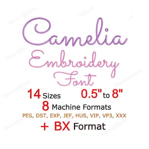 Fuente de bordado Camelia Script - Letras manuscritas de caligrafía BX PES - Diseño de bordado a máquina con monograma cursivo