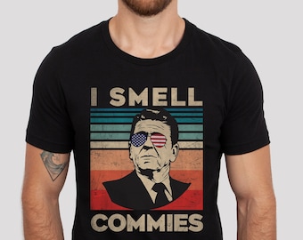 Retro Reagan Presidente I smell commies Vintage angustiado Anticomunismo Camiseta Unisex de manga corta