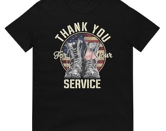 Camiseta de agradecimiento por su servicio: camiseta de veterano con reconocimiento militar, camiseta con botas militares patrióticas, placa de identificación con la bandera de EE. UU.