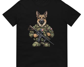 Camiseta táctica de soldado pastor alemán - Camiseta militar patriótica K9 - Camiseta moderna de perro guerrero - Ropa militar con bandera estadounidense