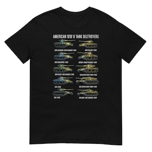 May include: Black t-shirt featuring illustrations of American WWII tank destroyers. The shirt includes the text "AMERICAN WW II TANK DESTROYERS" and detailed drawings of various tank models with their names and years.