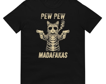 Camiseta Pew Pew Madafakas - Camiseta divertida de gato con armas - Ropa con meme de gatitos divertidos - Camiseta de gato con gafas de sol tácticas de la Segunda Enmienda