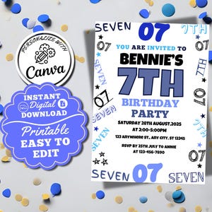 7th Birthday Invitation Boy Birthday Invitation Seventh Birthday Card Editable Number 7 Card Printable Digital Instant Download