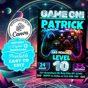 Carte d'invitation de fête de jeu vidéo modifiable, carte d'anniversaire bleu néon de jeu modifiable, invitation d'anniversaire de niveau supérieur