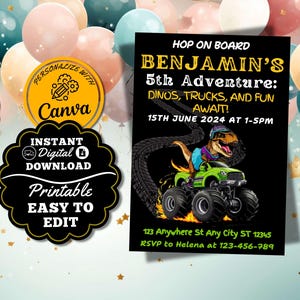 Invitation fête d'anniversaire Monster Truck Dino Trex pour garçons dinosaure modifiable 5e anniversaire cadeau carte dinosaure monstre imprimable enfants