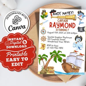 Invitación editable para fiesta de cumpleaños de piratas Invitación con barco pirata Mapa del tesoro para fiesta pirata Criaturas marinas Invitación para capitán niño Descarga instantánea