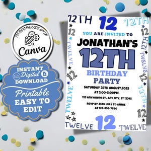 Invitación de cumpleaños número 12 para niño, invitaciones de cumpleaños azules, invitaciones de cumpleaños número 12 para niño, tarjeta de duodécimo cumpleaños, descarga digital instantánea