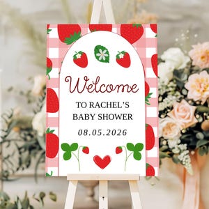Editable Strawberry Baby Shower Welcome Sign Berry Sweet Baby Shower Welcome Poster with 3 sizes  Strawberry Girl Baby Shower Sign DIY
