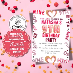 Faire-part d'anniversaire pour fille pour 9e anniversaire de fille, biscuit rose, modèle d'invitation à faire soi-même, carte d'invitation avec chiffres roses