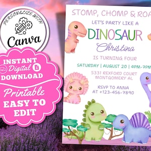 Girl Dinosaur Birthday Invitation Cute Dino Pink Purple Watercolor Pastel Birthday Party Invite Card Editable Stomp Chomp Roar