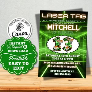 13e Invitation d'anniversaire laser tag néon, invitation modifiable de treize lueurs laser tag fête vert orange garçon fête imprimable bricolage