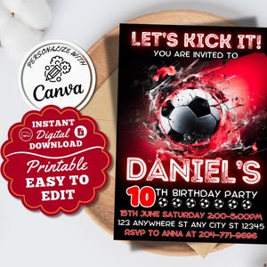 Fußball-Geburtstags-Einladung bearbeitbarer Junge Fußball Fußball Neon-Rot einladen Karte druckbare Sport-Geburtstagsvorlage Sofort-Download 5 x 7 Zoll