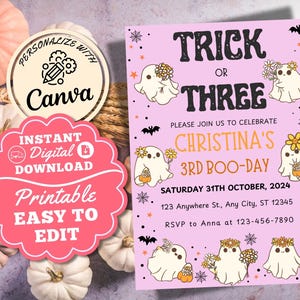 Trick or Three 3rd Birthday Invitation Template Fall Halloween Third Birthday Editable Cute Ghost Card For Girls Booday Instant Download