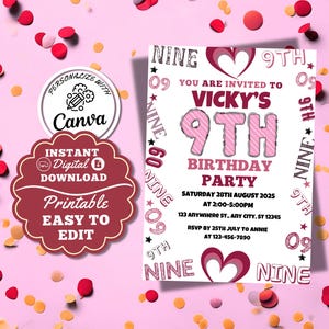 Faire-part pour 9e anniversaire de fille, rose, faire-part d'anniversaire de fille, modèle d'anniversaire à faire soi-même, carte d'invitation avec chiffres roses