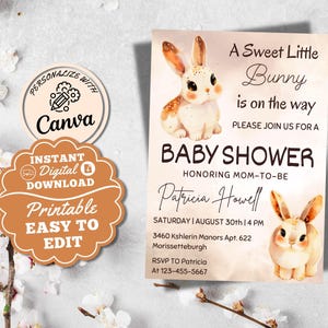 Süßer kleiner Hase ist unterwegs Einladung Ostern Frühling Kaninchen Babyparty einladen Beige braun Aquarell Babyparty einladen druckbare Karte