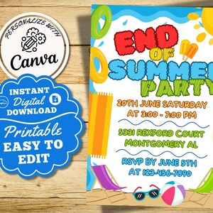 End of Summer Invitation Template Cook-Out Party Invite Swimming Party Invite Pool Party For The End of August Instant Digital Download