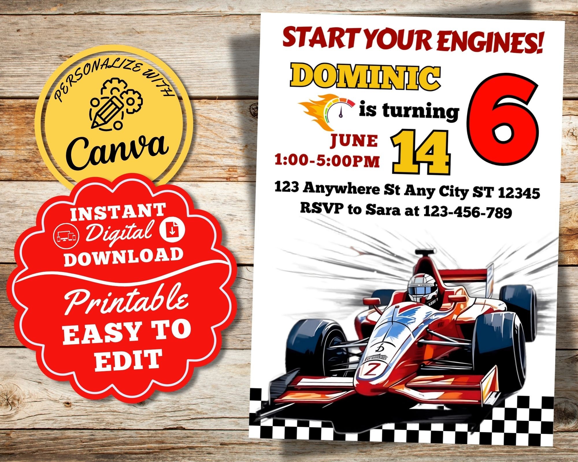 Formula Red Race Car Birthday Party Invitation Editable Speeding Race ...