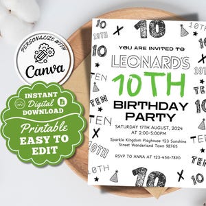 Junge 10.Geburtstags-Einladung Grüner Junge Geburtstags-Einladungs-Karte für 10.Geburtstag-Sofortdownload-Zahleneinladung