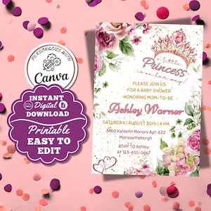 Princess Baby Shower Invitation Princess Royal Baby Shower Invitation for Girl Editable Pink Gold Floral A Little Princess is On Her Way