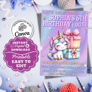 Editable Unicorn Birthday Invitation Template Gift Unicorn Girl Party Invitation Pastel Purple Pink Unicorn Girls Invite Instant Download