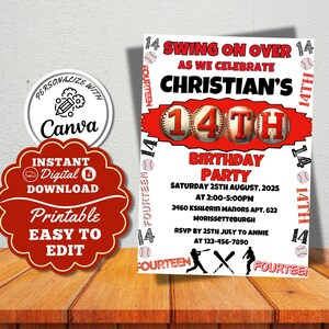 14e Invitation d'anniversaire de baseball Rouge Sports d'anniversaire Invitation de fête de baseball Baseball Modèle de toile d'anniversaire de baseball Téléchargement instantané 5 x 7 pouces