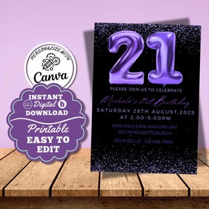 Editable 21st Birthday Invitation Purple and Black Glitter Invitation Purple 21st Balloon Number Adult Glam Glitter Printable Invite DIY