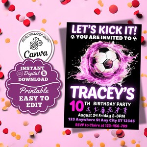 Faire-part d'anniversaire football rose fille Faire-part d'anniversaire adolescente Modèle de carte modifiable sur le thème du football Carte de fille sport imprimable 5 x 7 pouces