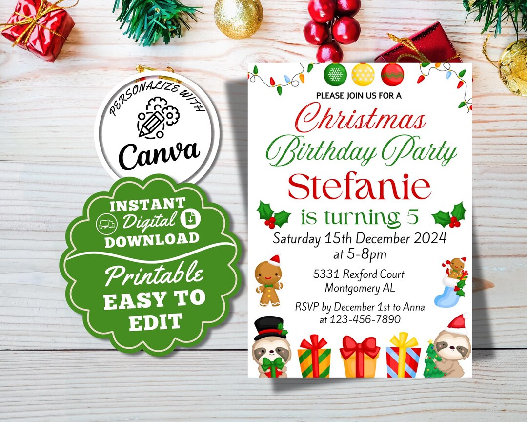 Editable Christmas Party Invitation Christmas Birthday Invitation Xmas