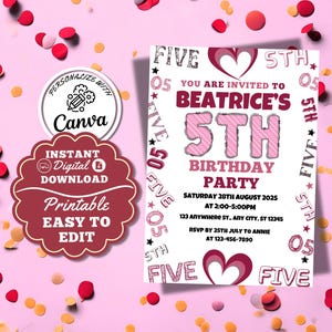 5th Pink Birthday Invitation Girls Birthday Invitation Number Birthday Invitation For 5 Year Old Girl