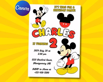 Mickey Mouse Birthday Invitation Printable Mickey Mouse Invitation Kids Birthday Party Invite Canva Editable Invites For Any Ages 5x7in