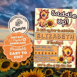Saddle Up Riding on Over Pony Beige Horse Rider Girl Birthday Invite Editable Printable Pony Girl Party Template 5x7