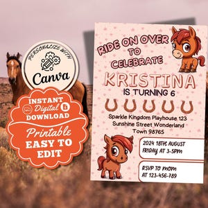 Cowgirl Birthday Invite Riding on Over Pony Beige Horse Rider Girl Birthday Invite Editable Printable Template 5x7