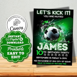 Invitation d'anniversaire de fête de football vert fluo modifiable, inviter Flyer de football, invitation d'anniversaire imprimable, permet de lancer la fête de célébration
