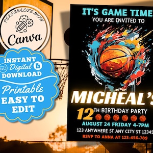 Basketball Invitation For Boys Template Basketball Birthday Invitation Watercolor Neon Invite Card Printable Basketball Theme Party