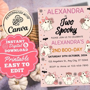 Two Spooky Halloween Ghost 2nd Birthday Party Invitation Cute Girl Ghost Second Birthday Spooktacular 2nd Birthday Instant Download 5x7in
