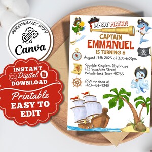 Invitation de fête d'anniversaire pirate modifiable, invitation de bateau pirate, carte au trésor de fête de pirate, invitation capitaine garçon Ahoy Matey
