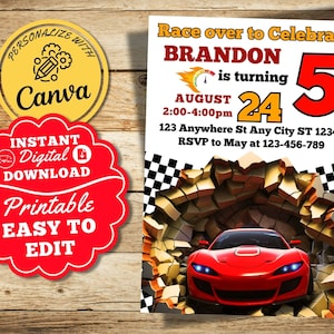 Editable Race Car Birthday Invitation Template Printable Sport Car Party Invitation Boy Red Racing Car Invite