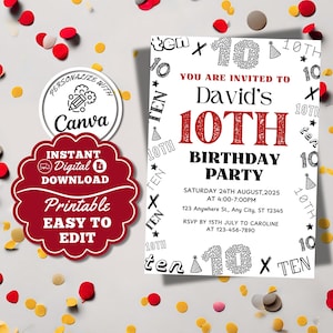 10. Junge Geburtstagseinladung bearbeitbar Bday Rot Vorlage für 10. Einladung Party Canva Zehnte Party Einladen für Jungen Vorlage 5 x 7 Zoll