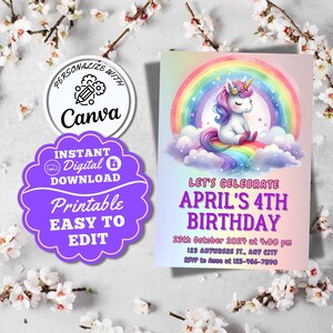 Unicorn Birthday Invitation Template Rainbow Unicorn Girl Party Invitation Pastel Rainbow Unicorn Girls Invite Digital Download 5x7in