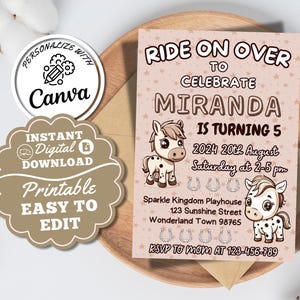 Beige Pony Girl Birthday Party Invitation Horse Birthday Invite Cowgirl Card Ride on Over To Celebrate Template Instant Download Editable
